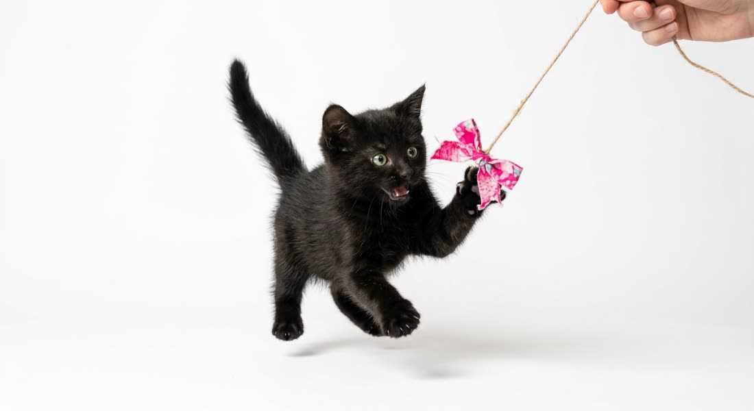 Чёрный котёнок играет с бантиком на верёвке